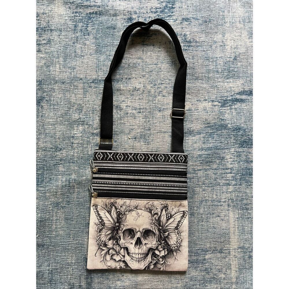 Black White Butterfly Skull Cotton Canvas Double Pocket Crossbody Shoulder Pouch